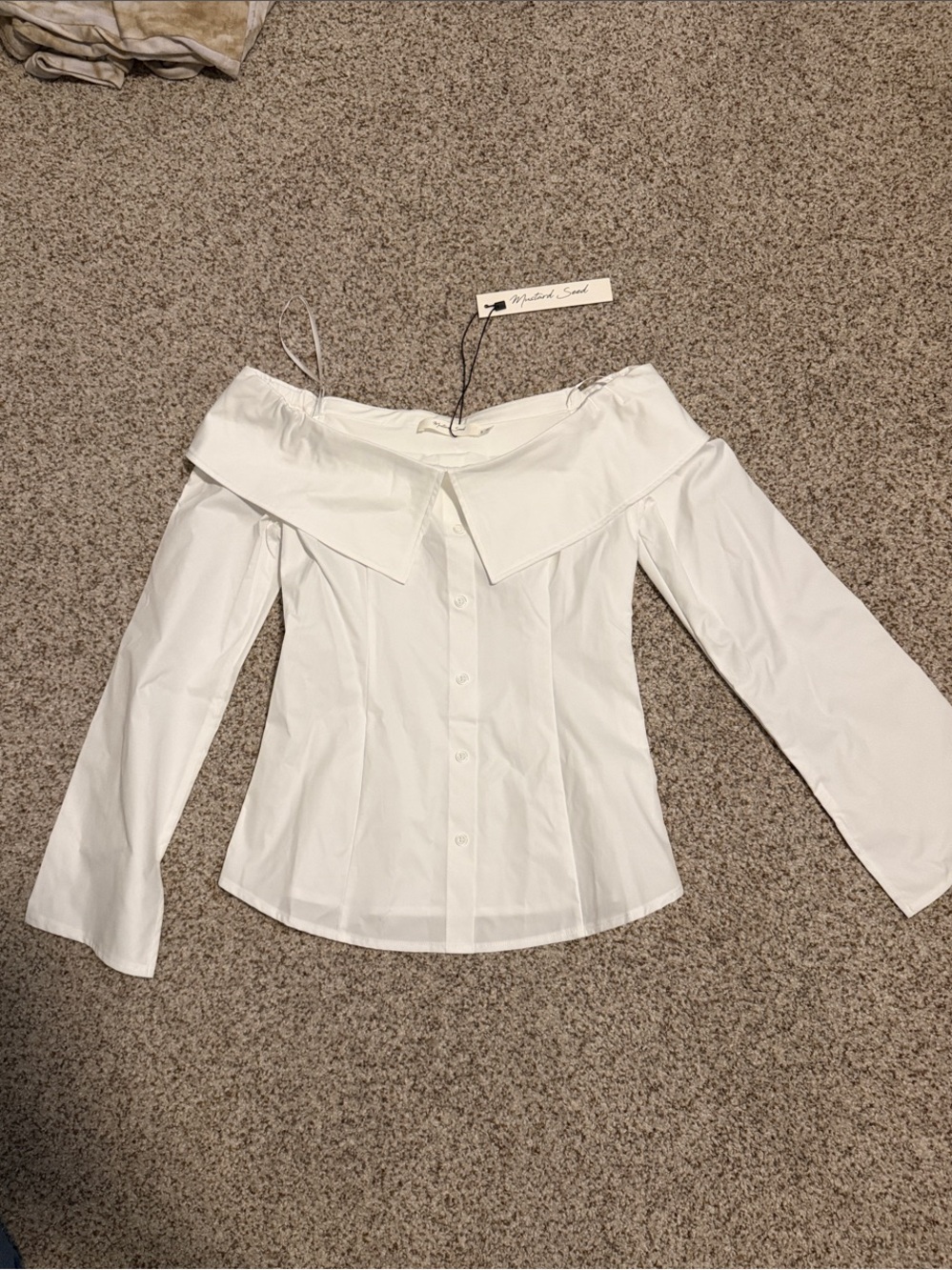 Mustard Seed White Off-Shoulder Button-Down Top - Picture 1 of 3